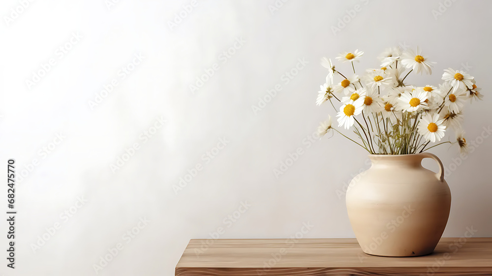 Wooden table with beige clay vase with bouquet of chamomile flowers near empty, blank white wall. Home interior background with copy space Wooden table with beige clay vase with bouquet of chamomile flowers near empty, blank white wall. Home interior background with copy space