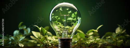 light bulb with leaves on green background. Sustainable, environmental lifestyle, renewable source, idea concept. copy space. banner photo