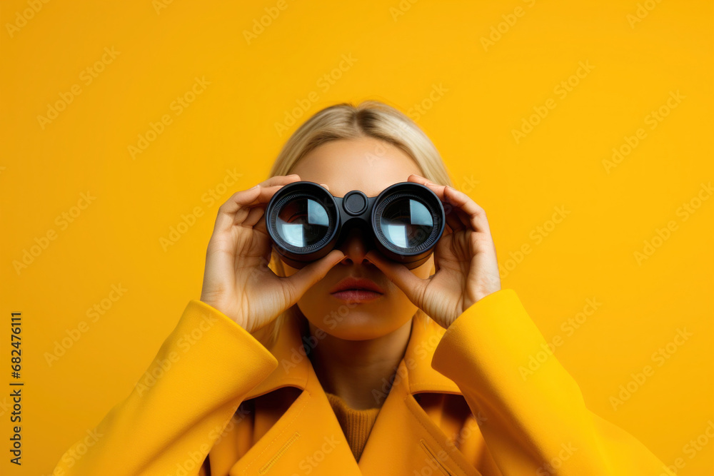 Woman looking through binoculars on yellow background. - obrazy, fototapety, plakaty 