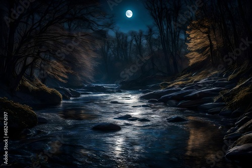 Moonbeams gently touching the flowing water of a river, creating a mesmerizing display of reflections and shadows in the moonlit night.