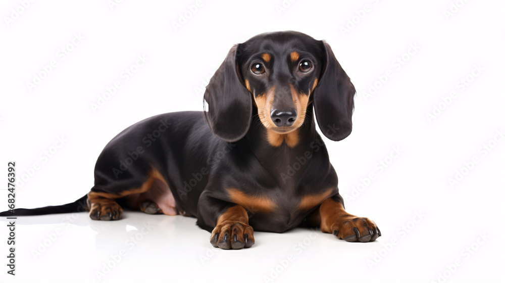 A Dachshund pooch isolated on a stark white backdrop sits tranquil.