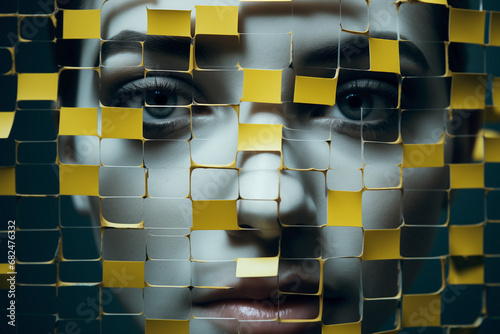 Abstract woman's face portrait: identity fragments exploring self-image and self-esteem. Hidden girl with a sad and melancholic expression with a perception of distortion of reality with yellow grid. photo