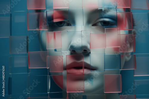 Abstract woman\'s face portrait: identity fragments exploring self-image and self-esteem. Hidden girl with a sad and melancholic expression with a perception of distortion of reality with pink grid.