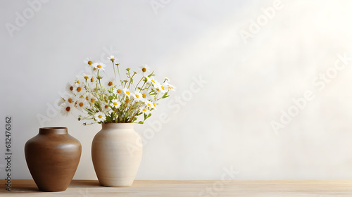 Wooden table with beige clay vase with bouquet of chamomile flowers near empty, blank white wall. Home interior background with copy space © Alin