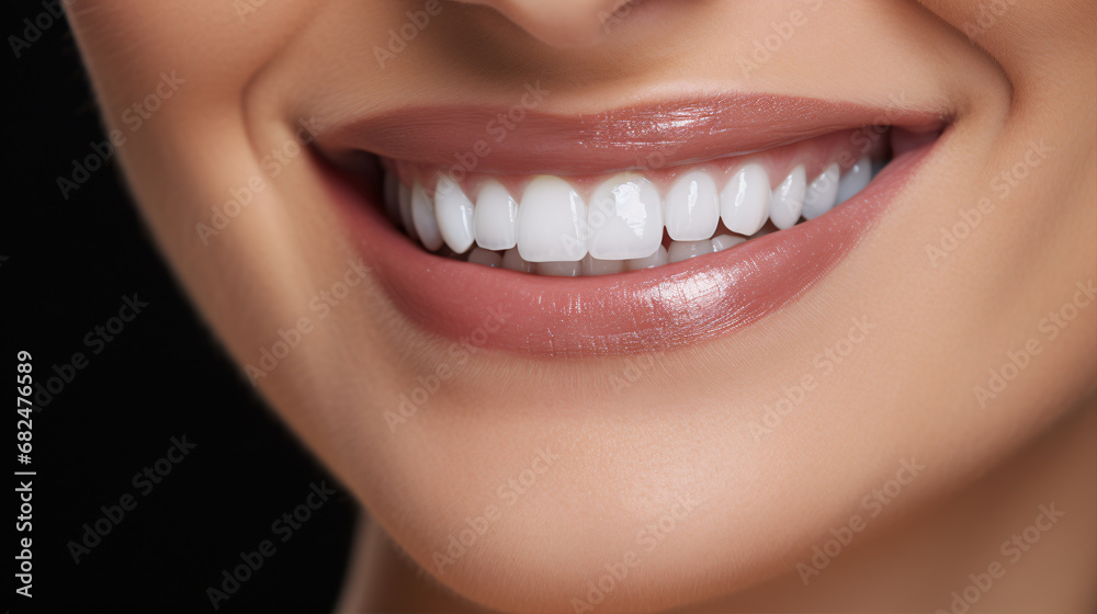 Obraz premium Woman grins broadly with pearly whites closeup.