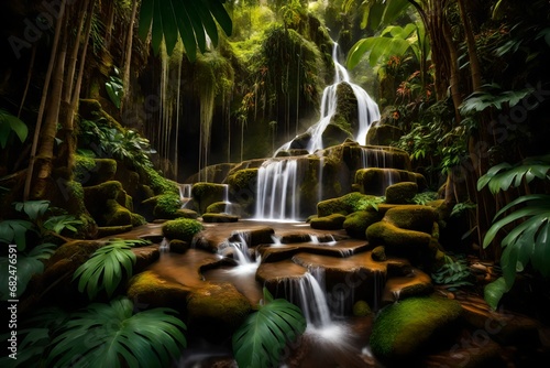 A cascading waterfall surrounded by lush  tropical vegetation