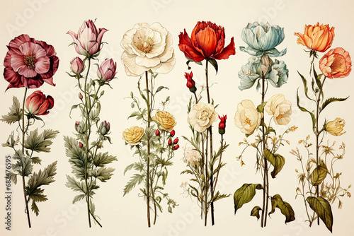 Vintage floral greeting cards of flowers. AI generative.