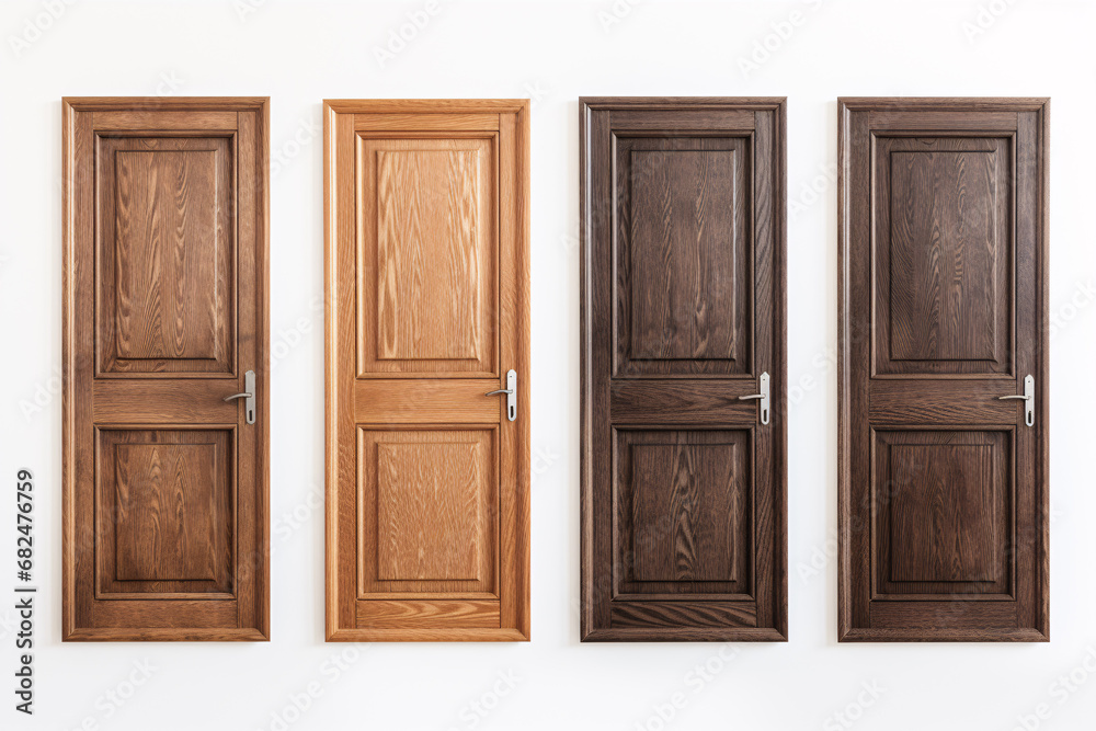 A series of timber portals on a plain whiteness background.