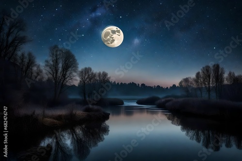 The waning moon hanging low in the night sky, its diminishing light creating a subtle yet captivating scene on the surface of a calm river. photo