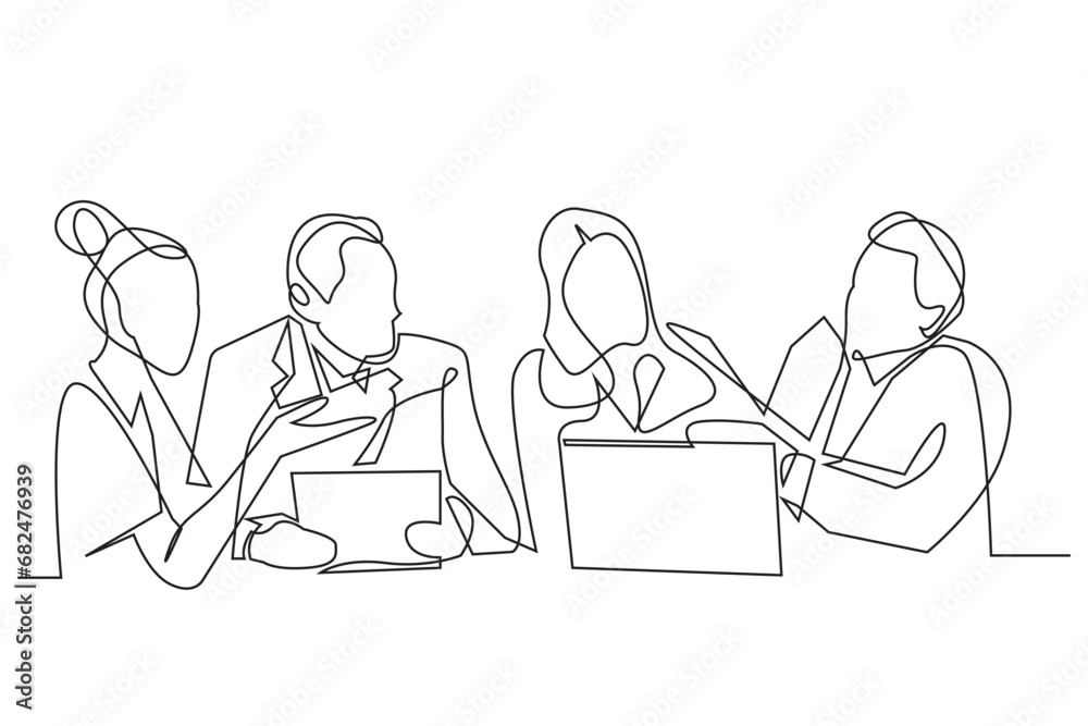 discussing company problems.group discussion in the office.vector continuous lines isolated white background discussing company problems.group discussion in the office.vector continuous lines isolated white background