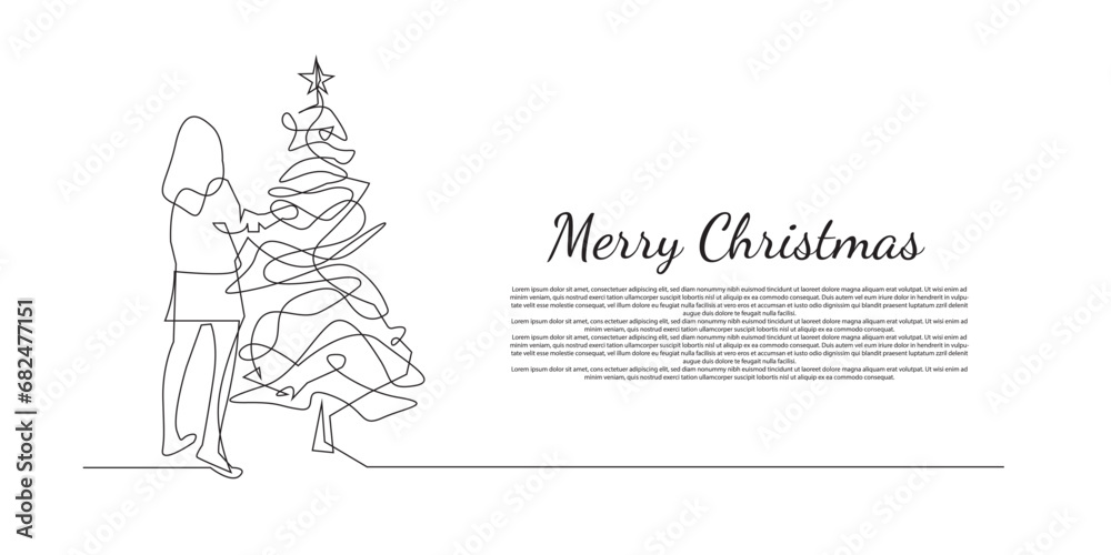 merry christmas background.white background with line art object of woman putting up christmas tree baubles.