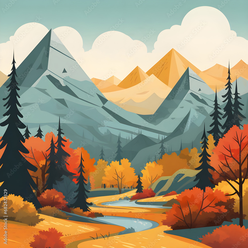 Beautiful autumn mountain landscape vector illustration. Stunning landscape of snowy mountains and autumn forest, mountains, trees, river, fields. Warm color, cute cartoon style.