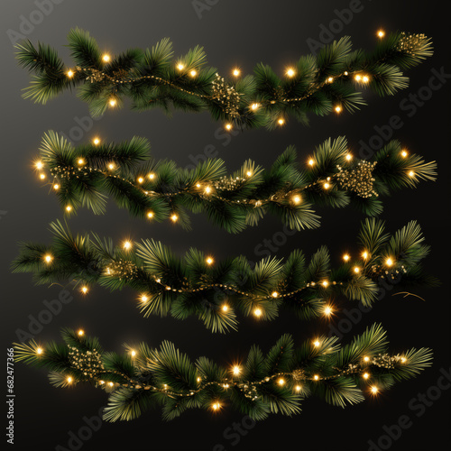 Set of Border with green fir branches, gold lights isolated on transparent background. Pine, Merry Christmas garland. 3D border green holiday branch hanging decor. Pine tree.