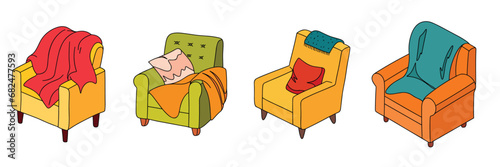 Set of doodle armchair colored outline. Cozy armchair collection with outline. Hand drawn vector art