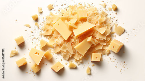 Isolated chunks of parmesan cheese with crumbs viewed from the top on a white background.