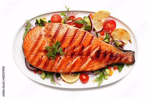 Freshly cooked salmon and veggies from above against a bright-white backdrop.