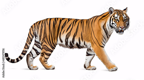 A regal tiger (P. t. corbetti) stares at its quarry, creating a hunting concept, on a plain white backdrop. photo