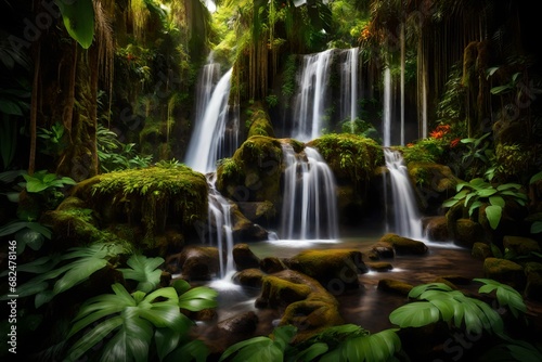 A cascading waterfall surrounded by lush, tropical vegetation © AR Arts