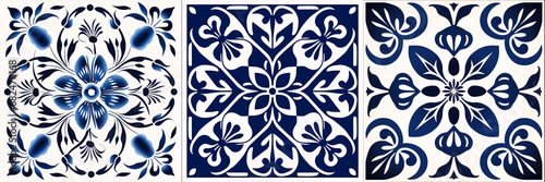 Beautifully intricate Baroque-inspired ceramic tile design with blue and white porcelain flower damask pattern and central framing element. photo