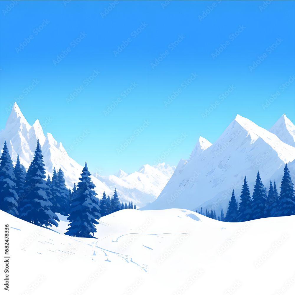 Flat design illustration of winter mountain landscape with hills, trees under blue sky and cloud, Icy mountains and clear blue sky background vector illustration.
