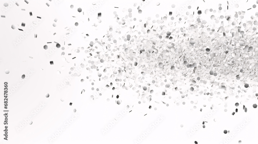 Silver Confetti Foil showering in the sky, groups of Party glitter becoming airborne on an isolated white background.