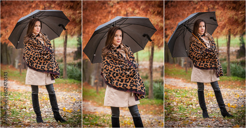 young girl in coat in forest. Fashion woman in coat in park. Slim young fashion model wearing white coat outdoor. Beautiful woman in leopard coat with umbrella in the autumn park