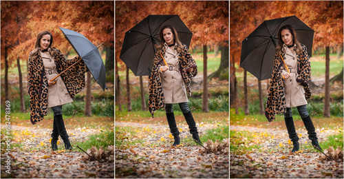 Obraz na płótnie young girl in coat in forest. Fashion woman in coat in park. Slim young fashion model wearing white coat outdoor. Beautiful woman in leopard coat with umbrella in the autumn park w salonie