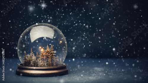 Whimsical Christmas Holidays Snow Globe with Evergreen Trees and Snowfall on Moody Blue Background with Twinkle Lights Background Effect - Xmas Decor Theme with Copy Space © AnArtificialWonder