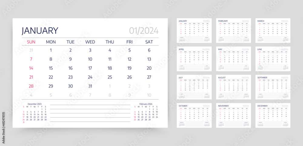 Calendar for 2024 year. Monthly calender organizer. Planner template. Week starts Sunday. Desk schedule grid with 12 month. Corporate yearly diary layout. Vector illustration. Horizontal simple agenda Calendar for 2024 year. Monthly calender organizer. Planner template. Week starts Sunday. Desk schedule grid with 12 month. Corporate yearly diary layout. Vector illustration. Horizontal simple agenda