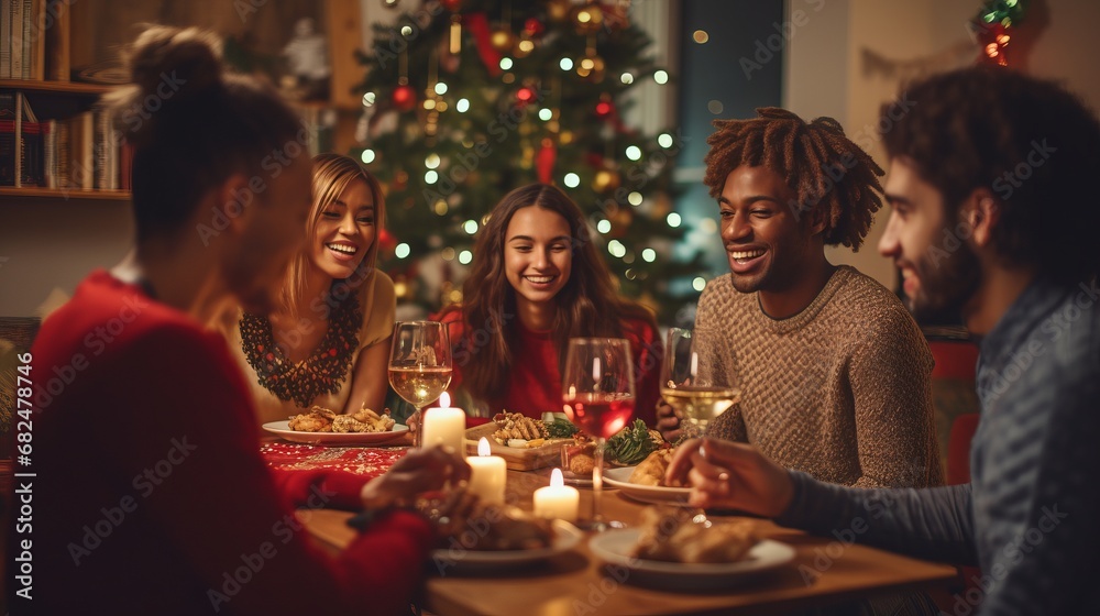 Multi-Ethnic Friends Celebrating Christmas Dinner at Home. Joyful Festive Gathering