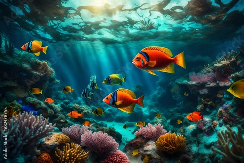 A surreal underwater scene with vibrant coral reefs and exotic fish