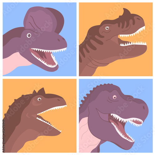 Dinosaur set. Head portrait. Ancient scary pangolin. Predatory dinosaur hunter of the Jurassic period. Prehistoric animal. Vector cartoon illustration