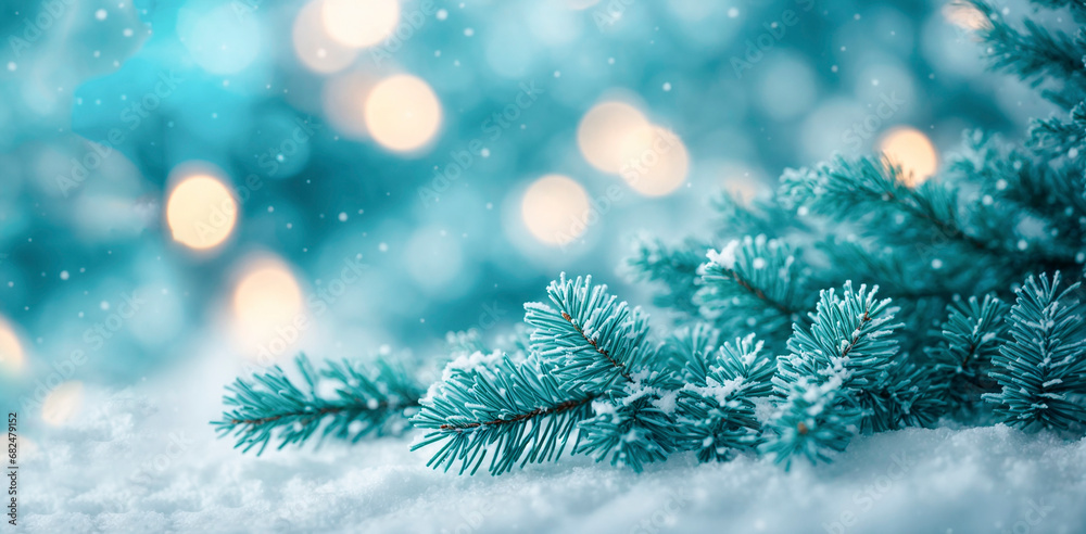 A blue spruce branch covered with frost on the snow. Christmas or New Year background with copy space A blue spruce branch covered with frost on the snow. Christmas or New Year background with copy space