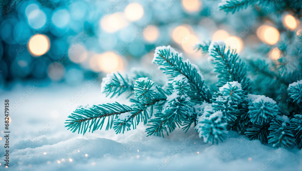 A blue spruce branch covered with frost on the snow. Christmas or New Year background with copy space