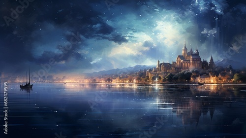 an elegant cityscape with lights shimmering on the surface of a peaceful lake