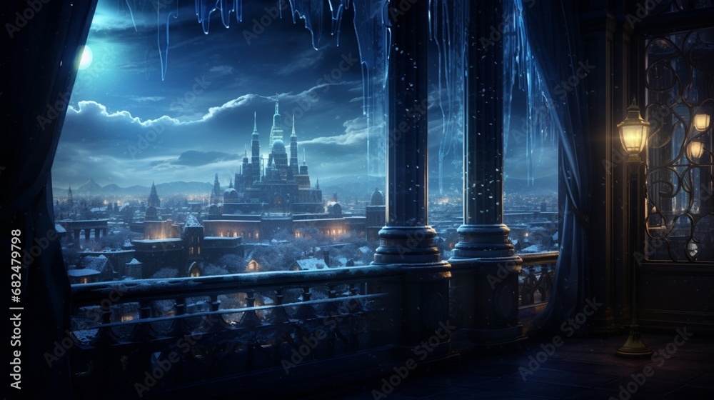an elegant cityscape with lights glowing through a frost-covered window