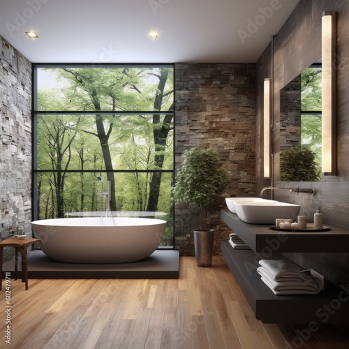 Bathroom interior with a panoramic view. Interior of modern bathroom with wooden walls, wooden floor, white bathtub and panoramic window with countryside view. 