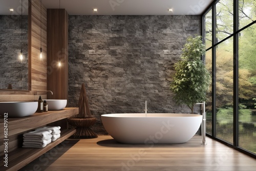 Interior of modern bathroom with stone walls  wooden floor  comfortable white bathtub standing near the window.