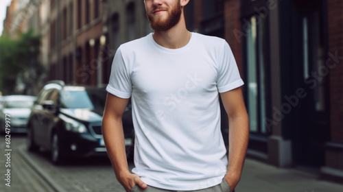 White T-Shirt Mockup, white gildan 64000, man wearing white t-shirt on street in daylight, T-Shirt Mockup Template adult for design print, Male guy wearing casual t-shirt mockup placement