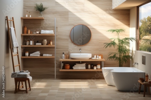 Interior of modern bathroom with wooden walls  tiled floor  comfortable white bathtub and round mirror. 