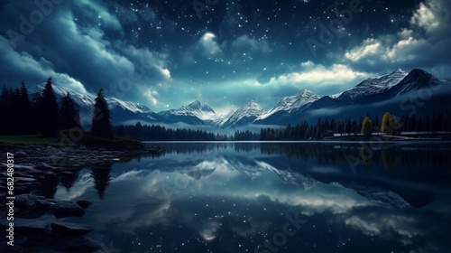 an elegant image of a glassy lake under a starry sky