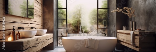 Bathroom interior with bathtub and wooden walls.  