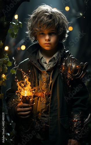 A young boy-wizard stands beside a magical tree.