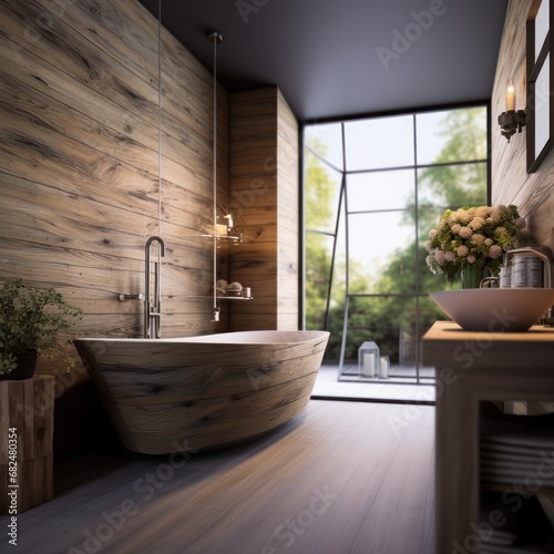 Interior of modern bathroom with wooden walls  wooden floor  comfortable bathtub standing near the window. 