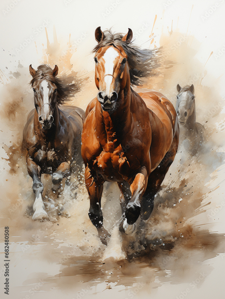 Watercolour abstract animal painting of brown horses running through a river.