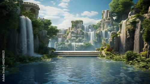 an elegant image of an artificial lake with a cascading fountain