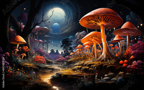 A vibrant depiction of the bioluminescent mushrooms, with the forest floor teeming with life around them. The piece is a vivid reminder of nature’s adaptability in the cosmos