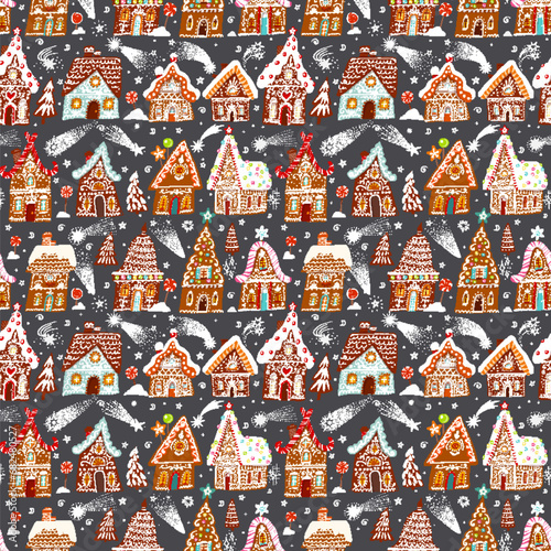 festive pattern with decorated gingerbread houses, Christmas trees, sweets and snowflakes on dark background.
