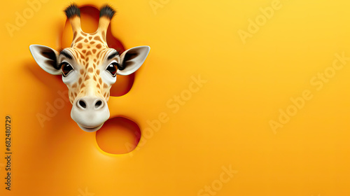 generated illustration of cute giraffe peeking out of a hole in yellowcracked wall, torn hole, copy space