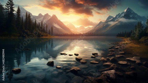 an elegant image of a pristine mountain lake at sunrise © Wajid